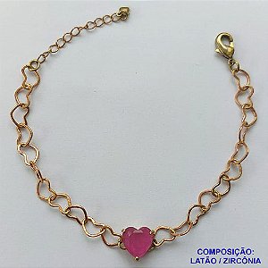 PULSEIRA NO BRUTO PRONTO PARA BANHO - PULSEIRA COM CORRENTE CORAÇÃO 6MM E PINGENTE EM ZIRCÔNIA CORAÇÃO ROSA 10MM COM BASE EM ALTA FUSÃO - TAMANHO: 18CM + EXTENSOR - PESO: 4,2GR -  BRU13724