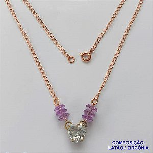 GARGANTILHA NO BRUTO PRONTO PARA BANHO(CX98)- GARGANTILHA COM PINGENTE EM ZIRCÔNIA CORAÇÃO CRISTAL 10MM COM BASE EM ALTA FUSÃO E MIÇANGAS LILÁS - TAMANHO: 45CM - PESO: 3,1GR -  BRU13726