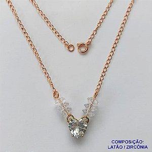 GARGANTILHA NO BRUTO PRONTO PARA BANHO(CX98) - GARGANTILHA COM PINGENTE EM ZIRCÔNIA CORAÇÃO CRISTAL 10MM COM BASE EM ALTA FUSÃO E MIÇANGAS CRISTAIS - TAMANHO: 45CM - PESO: 3,1GR -  BRU13728