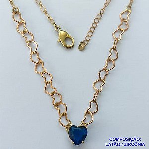 SHOCKER NO BRUTO PRONTO PARA BANHO - SHOCKER COM CORRENTE CORAÇÃO E PINGENTE EM ZIRCÔNIA CORAÇÃO AZUL 10MM COM BASE EM ALTA FUSÃO - TAMANHO: 40CM + EXTENSOR - PESO: 5,3GR -  BRU13730