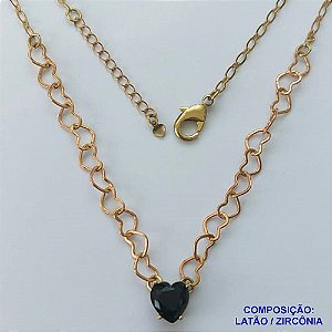 SHOCKER NO BRUTO PRONTO PARA BANHO - SHOCKER COM CORRENTE CORAÇÃO E PINGENTE EM ZIRCÔNIA CORAÇÃO PRETA 10MM COM BASE EM ALTA FUSÃO - TAMANHO: 40CM + EXTENSOR - PESO: 5,3GR -  BRU13732