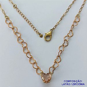 SHOCKER NO BRUTO PRONTO PARA BANHO - SHOCKER COM CORRENTE CORAÇÃO E PINGENTE EM ZIRCÔNIA CORAÇÃO BEGE 10MM COM BASE EM ALTA FUSÃO - TAMANHO: 40CM + EXTENSOR - PESO: 5,3GR -  BRU13734