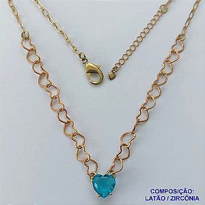 SHOCKER NO BRUTO PRONTO PARA BANHO - SHOCKER COM CORRENTE CORAÇÃO E PINGENTE EM ZIRCÔNIA CORAÇÃO AZUL 10MM COM BASE EM ALTA FUSÃO - TAMANHO: 40CM + EXTENSOR - PESO: 5,3GR -  BRU13735