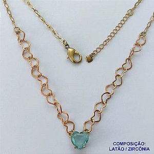 SHOCKER NO BRUTO PRONTO PARA BANHO - SHOCKER COM CORRENTE CORAÇÃO E PINGENTE EM ZIRCÔNIA CORAÇÃO AZUL CLARA 10MM COM BASE EM ALTA FUSÃO - TAMANHO: 40CM + EXTENSOR - PESO: 5,3GR -  BRU13737