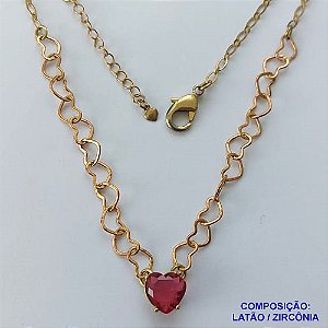 SHOCKER NO BRUTO PRONTO PARA BANHO - SHOCKER COM CORRENTE CORAÇÃO E PINGENTE EM ZIRCÔNIA CORAÇÃO VERMELHA 10MM COM BASE EM ALTA FUSÃO - TAMANHO: 40CM + EXTENSOR - PESO: 5,3GR -  BRU13738