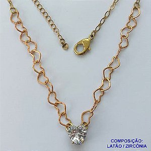 SHOCKER NO BRUTO PRONTO PARA BANHO - SHOCKER COM CORRENTE CORAÇÃO E PINGENTE EM ZIRCÔNIA CORAÇÃO CRISTAL 10MM COM BASE EM ALTA FUSÃO - TAMANHO: 40CM + EXTENSOR - PESO: 5,3GR -  BRU13740