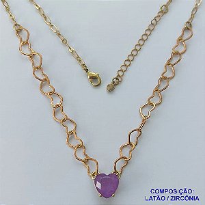 SHOCKER NO BRUTO PRONTO PARA BANHO - SHOCKER COM CORRENTE CORAÇÃO E PINGENTE EM ZIRCÔNIA CORAÇÃO LILÁS 10MM COM BASE EM ALTA FUSÃO - TAMANHO: 40CM + EXTENSOR - PESO: 5,3GR -  BRU13741