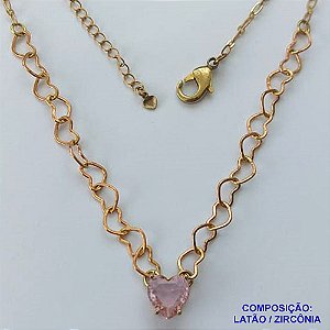 SHOCKER NO BRUTO PRONTO PARA BANHO - SHOCKER COM CORRENTE CORAÇÃO E PINGENTE EM ZIRCÔNIA CORAÇÃO ROSA 10MM COM BASE EM ALTA FUSÃO - TAMANHO: 40CM + EXTENSOR - PESO: 5,3GR -  BRU13742