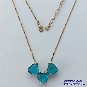 GARGANTILHA NO BRUTO PRONTO PARA BANHO - GARGATILHA COM CORRENTE VENEZIANA E PINGENTES CORAÇÕES EM ZIRCÔNIAS AZUIS 10MM COM BASE EM ALTA FUSÃO - TAMANHO: 45CM + EXTENSOR - PESO: 6,7GR -  BRU13751