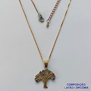 GARGANTILHA BRUTO PRONTO PARA BANHO - (CX.50)  CORRENTE VENEZIANA 45CM + EXTENSOR COM FECHO LAGOSTA - PINGENTE ''ALTA FUSÃO'' ÁRVORE DA VIDA CRAVEJADO EM MICROS ZIRCÔNIAS COLORIDAS - PESO 5GR - BRU13765