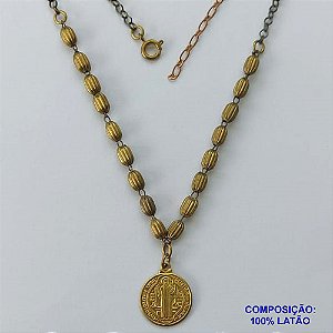 SHOCKER NO BRUTO PRONTO PARA O BANHO(CX103) - SHOCKER COM CORRENTE ELO PORTUGUES E CONTAS TIPO ARROZ + EXTENSOR E MEDALHA  DE SÃO BENTO - TAMANHO 40CM - PESO 7,1GR - BRU13771