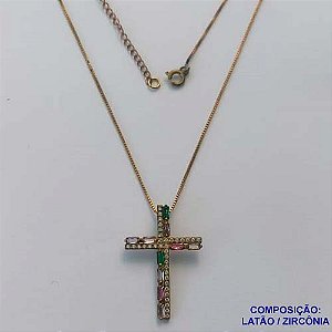 GARGANTILHA NO BRUTO PRONTO PARA O BANHO(CX99) - CORRENTE VENEZIANA DE 45CM - PINGENTE CRUCIFIXO CRAVEJADO COM ZIRCÔNIAS COLORIDAS 24X35MM - PESO TOTAL 4,2GR - BRU13776