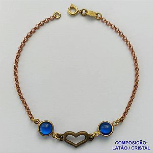 PULSEIRA NO BRUTO PRONTO PARA O BANHO(CX113) - PULSEIRA COM CORRENTE ELO PORTUGUÊS COM CRITAIS AZUIS E CORAÇÃO VAZADO - TAMANHO 20C - PESO 3,2GR - BRU13782