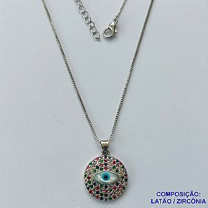 GARGANTILHA NO BRUTO PRONTO PARA BANHO(CX103) - CORRENTE CADEADO 45CM + EXTENSOR COM PINGENTE OLHO GREGO CRAVEJADO EM MICROS ZIRCÔNIAS 18MM - BRU13788