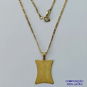 GARGANTILHA NO BRUTO PRONTO PARA O BANHO - (CX.46)  CORRENTE 3X1 ELO BATIDO 45CM + EXTENSOR (031) PLACA COM CRUZ 23MM - LARGURA CORRENTE 2MM  - PESO 4,8GR - BRU13793
