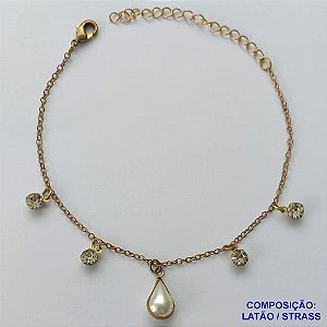 PULSEIRA NO BRUTO PRONTA PARA O BANHO - PULSEIRA COM PÉROLAS FORMATO GOTA E STRASS - TAMANHO 18CM + EXTENSOR - PESO 1,8GR E FECHO LAGOSTA - BRU13803