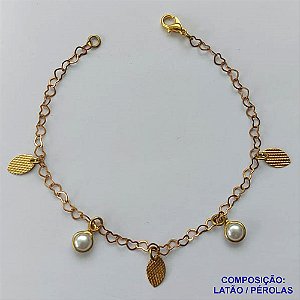 PULSEIRA NO BRUTO PRONTA PARA O BANHO(CX101) - PULSEIRA COM PÉROLAS E FOLHAS - TAMANHO 18CM - PESO 1,7GR - BRU13805