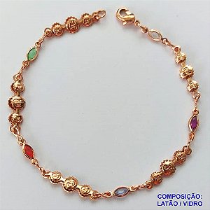 PULSEIRA NO BRUTO PRONTO PARA O BANHO(CX98) - PULSEIRA FEMININA COM SOL E CRISTAIS COLORIDOS - FECHO LAGOSTA - TAMANHO 17CM - PESO 2,9GR - BRU13830