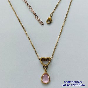 GARGANTILHA NO BRUTO PRONTO PARA O BANHO - CORRENTE 45CM + EXTENSOR COM PINGENTE CORAÇÃO VAZADO E ZIRCÔNIA ROSA 8X10MM - PESO TOTAL 2,8GR - BRU13853