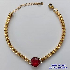 PULSEIRA NO BRUTO PRONTO PARA O BANHO - PULSEIRA QUADRADINHA 4MM - TAMANHO: 18CM + EXTENSOR COM PINGENTE EM ZIRCÔNIA REDONDA VERMELHA 12MM - PESO TOTAL 10,5GR - BRU13855