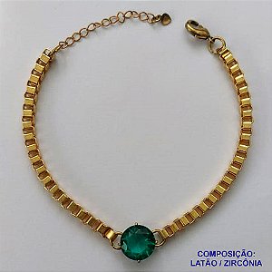 PULSEIRA NO BRUTO PRONTO PARA O BANHO - PULSEIRA QUADRADINHA 4MM - TAMANHO: 18CM + EXTENSOR COM PINGENTE EM ZIRCÔNIA REDONDA VERDE 12MM - PESO TOTAL 10,5GR - BRU13857