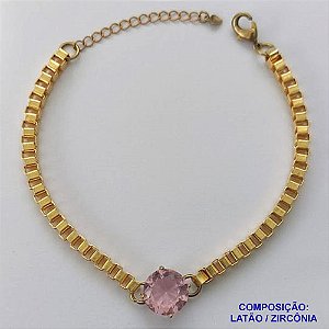 PULSEIRA NO BRUTO PRONTO PARA O BANHO - PULSEIRA QUADRADINHA 4MM - TAMANHO: 18CM + EXTENSOR COM PINGENTE EM ZIRCÔNIA REDONDA ROSA 12MM - PESO TOTAL 10,5GR - BRU13859