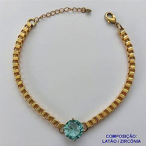 PULSEIRA NO BRUTO PRONTO PARA O BANHO - PULSEIRA QUADRADINHA 4MM - TAMANHO: 18CM + EXTENSOR COM PINGENTE EM ZIRCÔNIA REDONDA AZUL CLARA 12MM - PESO TOTAL 10,5GR - BRU13861