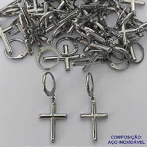 BRINCO EM AÇO INOXIDÁVEL(E1338)(CX99) - BRINCO ARGOLA DE PRESSÃO COM PINGENTE CRUCIFIXO 13X21MM - COMPOSIÇÃO: AÇO INOXIDÁVEL - AÇO1602
