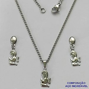 CONJUNTO EM AÇO INOXIDÁVEL(CX99) - GARGANTILHA 40CM E BRINCO DE PINO COM PINGENTE ANJINHO 7MM - COMPOSIÇÃO: AÇO INOXIDÁVEL - AÇO1615