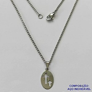 GARGANTILHA EM AÇO INOXIDÁVEL (CX99)-  GARGANTILHA 50CM(AÇO01) COM PINGENTE OVAL CRUCIFIXO 9X16MM - COMPOSIÇÃO: AÇO INOXIDÁVEL - AÇO1616