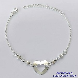 PULSEIRA FOLHEADO A PRATA COM 50 MILÉSIMOS + VERNIZ DIAMOND - PULSEIRA CORAÇÃO VAZADO COM PÉROLAS 17CM  - PRA090