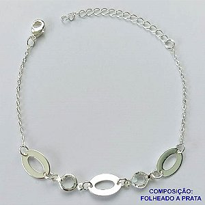 PULSEIRA FOLHEADO A PRATA COM 50 MILÉSIMOS + VERNIZ DIAMOND - PULSEIRA 17CM PEDRA CRISTAL E DETALHES VAZADOS + EXTENSOR FECHO LAGOSTA   - PRA093