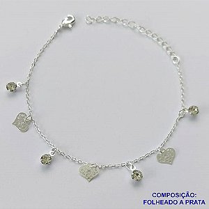 PULSEIRA FOLHEADO A PRATA COM 50 MILÉSIMOS + VERNIZ DIAMOND - PULSEIRA 17CM STRASS E CORAÇÕES DESENHADOS + EXTENSOR FECHO LAGOSTA   - PRA094
