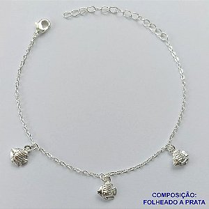PULSEIRA FOLHEADO A PRATA COM 50 MILÉSIMOS + VERNIZ DIAMOND - PULSEIRA 17CM PEIXINHOS DESENHADOS + EXTENSOR FECHO LAGOSTA   - PRA095
