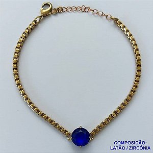 PULSEIRA NO BRUTO PRONTO PARA O BANHO - PULSEIRA QUADRADINHA 2MM - TAMANHO: 18CM + EXTENSOR COM PINGENTE EM ZIRCÔNIA REDONDA AZUL ESCURO 10MM - PESO TOTAL 7,0GR - BRU13891