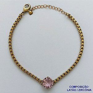 PULSEIRA NO BRUTO PRONTO PARA O BANHO - PULSEIRA QUADRADINHA 2MM - TAMANHO: 18CM + EXTENSOR COM PINGENTE EM ZIRCÔNIA REDONDA ROSA 10MM - PESO TOTAL 7,0GR - BRU13892