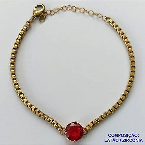 PULSEIRA NO BRUTO PRONTO PARA O BANHO - PULSEIRA QUADRADINHA 2MM - TAMANHO: 18CM + EXTENSOR COM PINGENTE EM ZIRCÔNIA REDONDA VERMELHA 10MM - PESO TOTAL 7,0GR - BRU13897