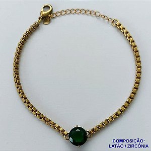 PULSEIRA NO BRUTO PRONTO PARA O BANHO - PULSEIRA QUADRADINHA 2MM - TAMANHO: 18CM + EXTENSOR COM PINGENTE EM ZIRCÔNIA REDONDA VERDE 10MM - PESO TOTAL 7,0GR - BRU13899