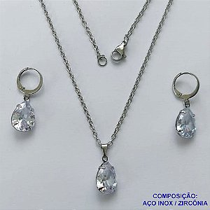 CONJUNTO EM AÇO INOXIDÁVEL - (AÇO03) CONJUNTO COM CORRENTE 50CM E BRINCOS ARGOLAS DE PRESSÃO COM PINGENTES EM ZIRCÔNIAS CRISTAIS 10X14MM - COMPOSIÇÃO: AÇO INOXIDÁVEL - AÇO1636