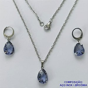 CONJUNTO EM AÇO INOXIDÁVEL - (AÇO03) CONJUNTO COM CORRENTE 50CM E BRINCOS ARGOLAS DE PRESSÃO COM PINGENTES EM ZIRCÔNIAS LILÁS 10X14MM - COMPOSIÇÃO: AÇO INOXIDÁVEL - AÇO1637