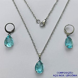 CONJUNTO EM AÇO INOXIDÁVEL - (AÇO03) CONJUNTO COM CORRENTE 50CM E BRINCOS ARGOLAS DE PRESSÃO COM PINGENTES EM ZIRCÔNIAS AZUIS 10X14MM - COMPOSIÇÃO: AÇO INOXIDÁVEL - AÇO1639