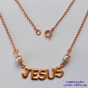 SHOCKER NO BRUTO PRONTO PARA O BANHO - (CX100) SHOCKER COM CORRENTE 45CM COM PINGENTE PÉROLAS COM PALAVRA JESUS 10X31MM - PESO TOTAL 3,1GR - BRU13912
