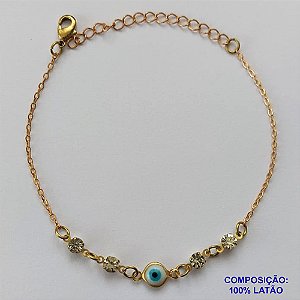 PULSEIRA NO BRUTO PRONTO PARA O BANHO - (CX100) PULSEIRA COM OLHO GREGO E STRASS 18CM + EXTENSOR - PESO TOTAL 2GR - BRU13914