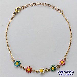 PULSEIRA NO BRUTO PRONTO PARA O BANHO - (CX100) PULSEIRA COM FLORES COLORIDAS 18CM + EXTENSOR - PESO TOTAL 2GR - BRU13917