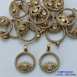 PINGENTE NO BRUTO PRONTA PARA O BANHO - (CX100) PINGENTE OLHO GREGO VAZADO CRAVEJADO EM MICROS ZIRCÔNIAS 20MM - PESO 2GR - BRU13925