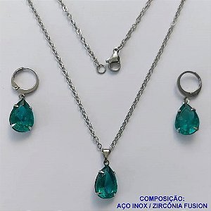 CONJUNTO EM AÇO INOXIDÁVEL - (AÇO03) CONJUNTO COM CORRENTE 50CM E BRINCOS ARGOLAS DE PRESSÃO COM PINGENTES EM ZIRCÔNIAS VERDES FUSION 10X14MM - COMPOSIÇÃO: AÇO INOXIDÁVEL - AÇO1640