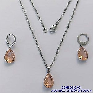 CONJUNTO EM AÇO INOXIDÁVEL - (AÇO03) CONJUNTO COM CORRENTE 50CM E BRINCOS ARGOLAS DE PRESSÃO COM PINGENTES EM ZIRCÔNIAS SALMÃO FUSION 10X14MM - COMPOSIÇÃO: AÇO INOXIDÁVEL - AÇO1641