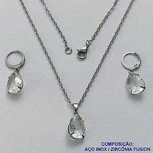 CONJUNTO EM AÇO INOXIDÁVEL - (AÇO03) CONJUNTO COM CORRENTE 50CM E BRINCOS ARGOLAS DE PRESSÃO COM PINGENTES EM ZIRCÔNIAS CRISTAL FUSION 10X14MM - COMPOSIÇÃO: AÇO INOXIDÁVEL - AÇO1642