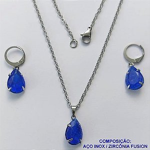 CONJUNTO EM AÇO INOXIDÁVEL - (AÇO03) CONJUNTO COM CORRENTE 50CM E BRINCOS ARGOLAS DE PRESSÃO COM PINGENTES EM ZIRCÔNIAS AZUÍS FUSION 10X14MM - COMPOSIÇÃO: AÇO INOXIDÁVEL - AÇO1643