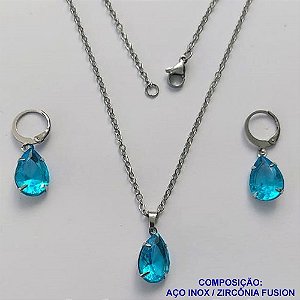 CONJUNTO EM AÇO INOXIDÁVEL - (AÇO03) CONJUNTO COM CORRENTE 50CM E BRINCOS ARGOLAS DE PRESSÃO COM PINGENTES EM ZIRCÔNIAS AZUÍS CLARO FUSION 10X14MM - COMPOSIÇÃO: AÇO INOXIDÁVEL - AÇO1644